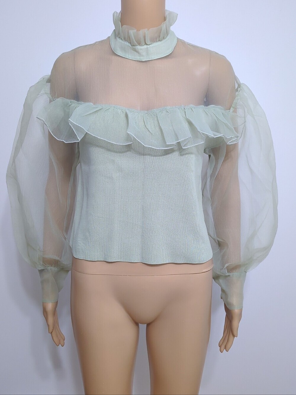Zara Sage Green Organza Puff Sleeve Ruffle Blouse Sheer Knit Top S - Picture 2 of 6